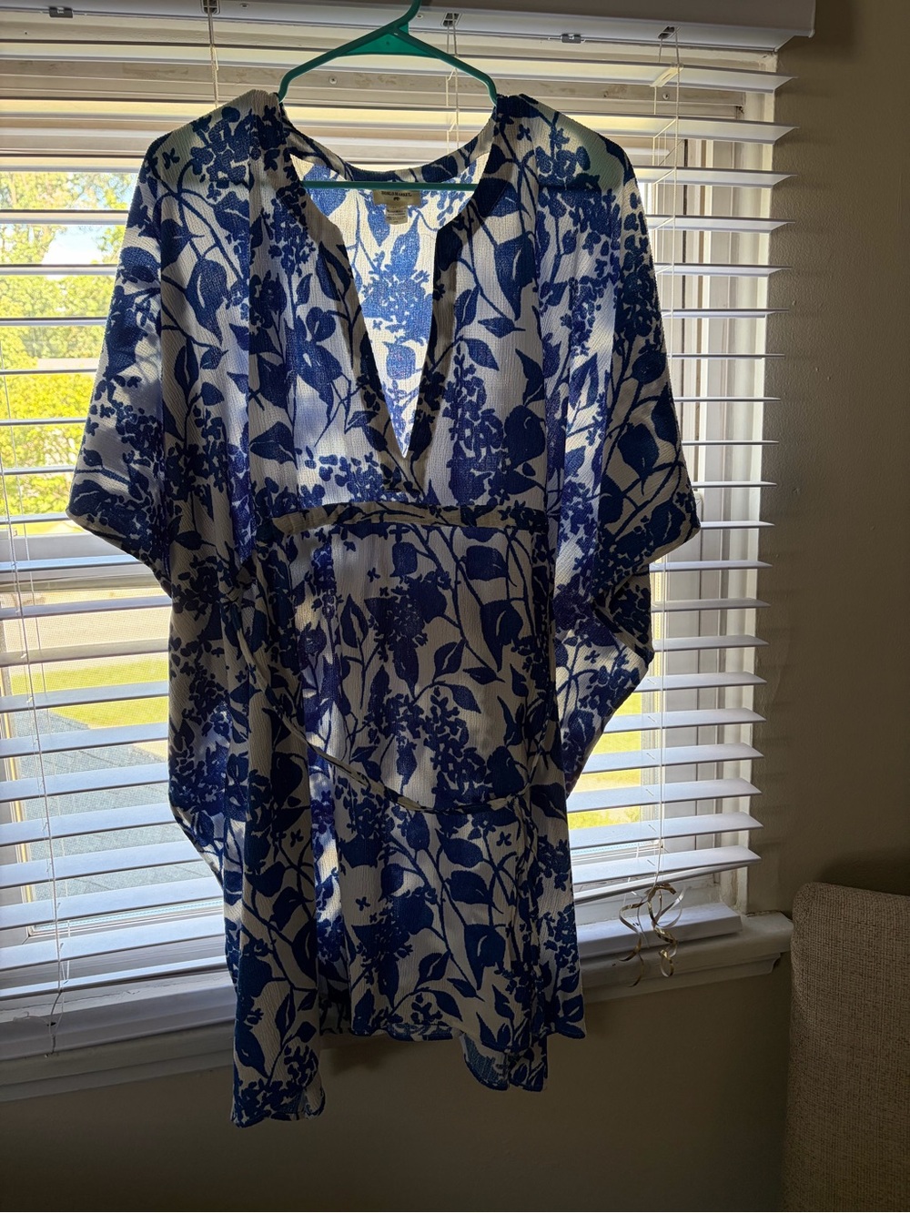 Cost Plus World Market Blue and White Floral V-Neck Tunic/Dress/Coverup